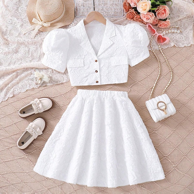 2 Pieces Kids Girls' Solid Color Ruched Dress Suits Set Short Sleeve Fashion School 7-13 Years Summer White