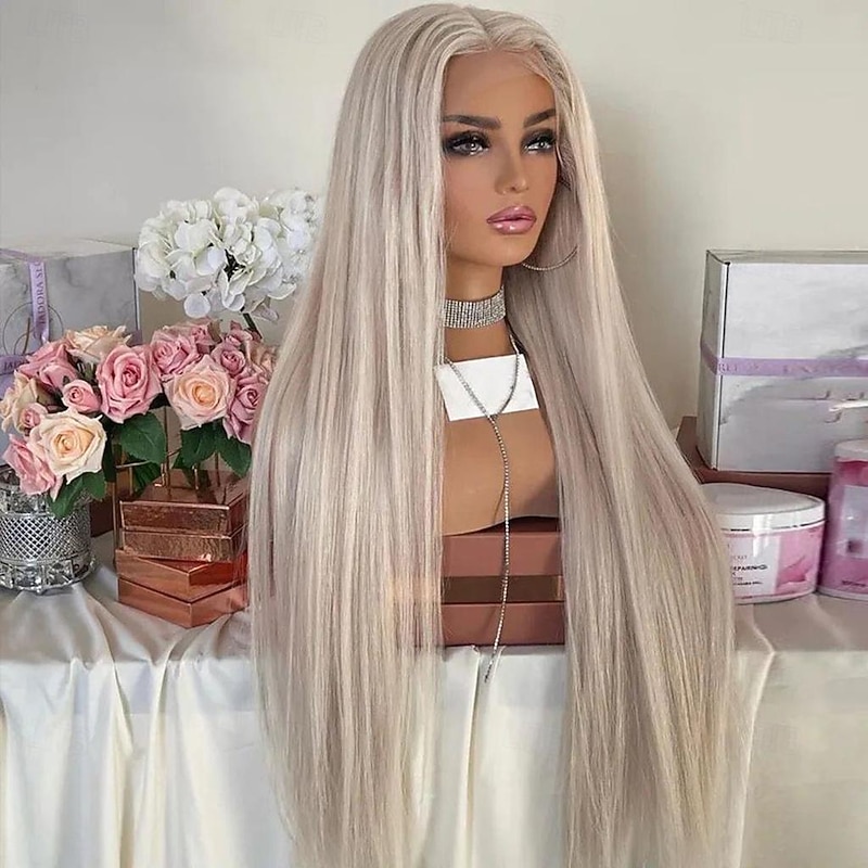 Ash Blonde Straight Remy Human Hair Lace Front Wig Preplucked Brazilian Virgin Hair  Lace Front Human Hair Wigs with Baby Hair for Women3