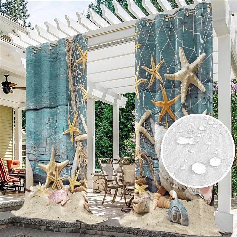 Outdoor Curtains for Patio Waterproof Blackout Outside Deck for Gazebo Pavilion Pergola Arbor Sun Room, 2 Panels, Beach Shells2
