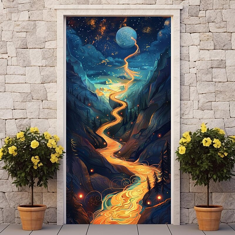 Fantasy Planet River Door Covers Mural Decor Door Tapestry Door Curtain Decoration Backdrop Door Banner Removable for Front Door Indoor Outdoor Home Room Decoration Farmhouse Decor Supplies3