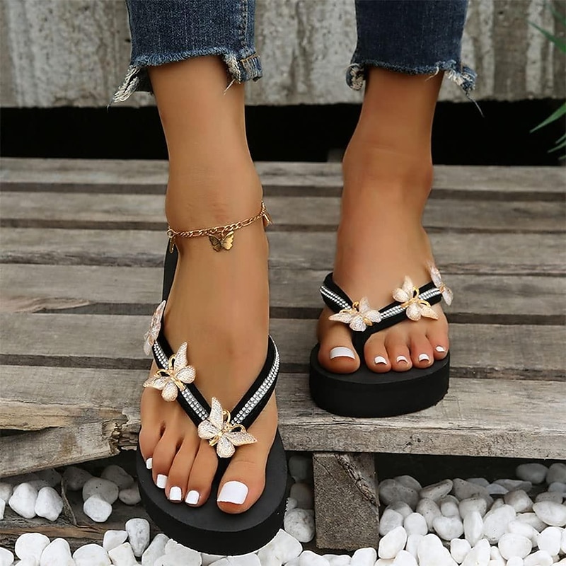 Women's Rhinestone Butterfly Wedge Flip Flops – Glam Beach Sandals for Summer Vacation, Pool Party, and Casual Resort Wear2