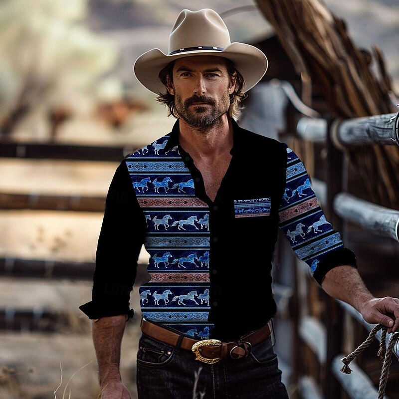 Men's Horse Shirt Western Shirt Cowboy Shirt Long Sleeve Vintage Western Style Outdoor Street Casual Daily Fall & Winter Turndown Buttons Print Blue