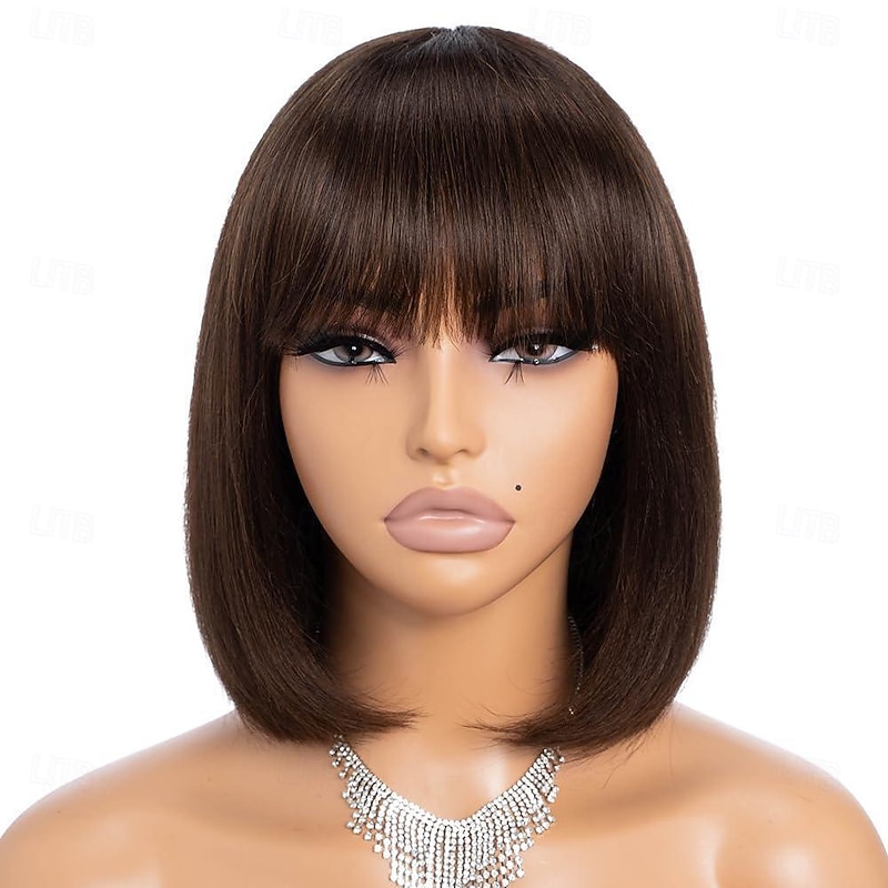 Short Bob Wigs Human Hair 8 Inch Glueless Wear and Go Bob Wig With Bangs Human Hair Wigs for Black Women Human Hair Brazilian Straight Hair None Lace Front Natural Black Wig4