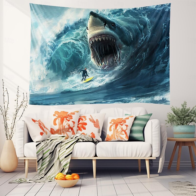 Surfing Shark Ocean Hanging Tapestry Wall Art Large Tapestry Mural Decor Photograph Backdrop Blanket Curtain Home Bedroom Living Room Decoration2