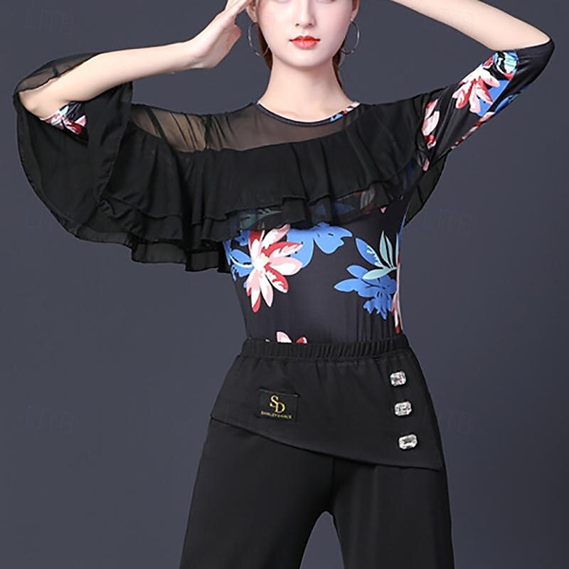 Latin Dance Ballroom Dance Top Printing Ruffles Splicing Women's Performance Training Half Sleeve High Terylene