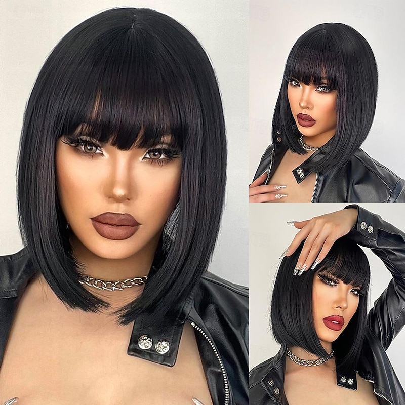 Brazilian Human Hair Wig with Bangs Remy Straight Hair Bob Wigs Full Machine Made Wig for Women 8-14Inches Glueless Bob Wig2