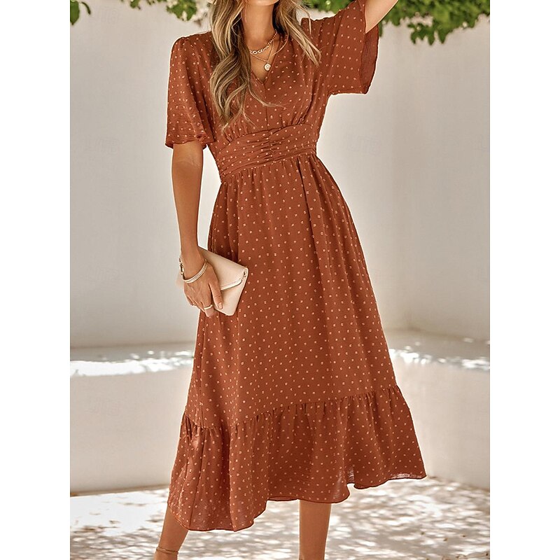 Women's Casual Dress Midi Dress Ruffle Trim Date Vacation Streetwear Casual V Neck Half Sleeve Brown Green Apricot Color