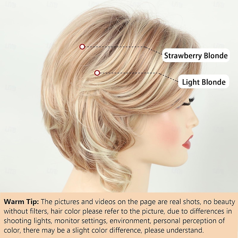 Short Ombre Blonde Wavy Bob Wigs for White Women Chin Length Blonde Highlight Bob Wig with Brown Roots Natural Looking Synthetic Daily Party Wig4