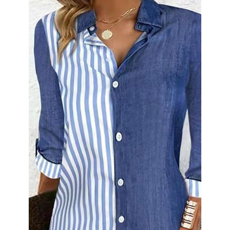 Women's Shirt Blouse Casual Color Block Striped Buttons Print Long Sleeve Long Tops Shirt Collar Vacation Daily Blue Spring & Summer2