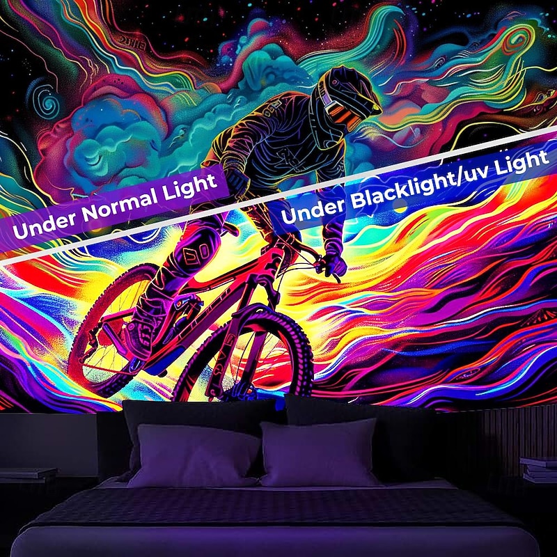 Blacklight Tapestry UV Reactive Glow in the Dark Glow Party Neon Cyclist Psychedelic Trippy Misty Hanging Tapestry Wall Art Mural for Living2