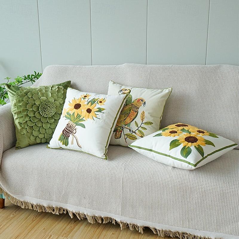 Embroidered Decorative Toss Pillows Cover 1PC Soft Square Cushion Case Pillowcase for Bedroom Livingroom Sofa Couch Chair Plant Floral2