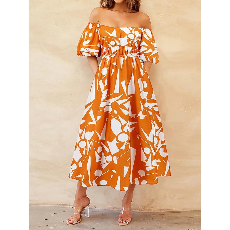 Women's Casual Dress Floral Leaf Backless Print Off Shoulder Puff Sleeve Long Dress Maxi Dress Stylish Casual Daily Date Half Sleeve Summer
