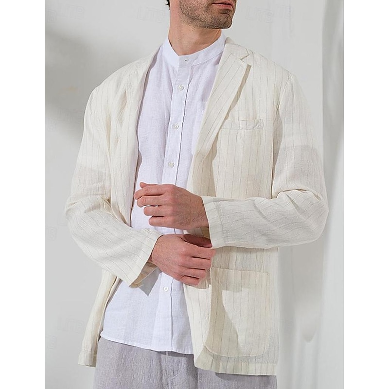 100% Linen Men's Linen Blazer Blazer Business Formal Evening Wedding Party Fashion Casual Spring &  Fall Stripes Pocket Casual / Daily Single Breasted Blazer White Navy Blue Coffee3