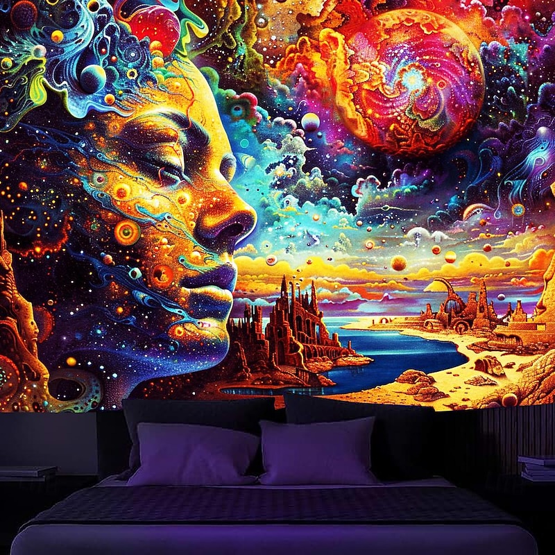 Blacklight Tapestry UV Reactive Glow in the Dark Glow Party Neon Woman Fantasy World Psychedelic Trippy Misty Hanging Tapestry Wall Art Mural for Living Room Bedroom3