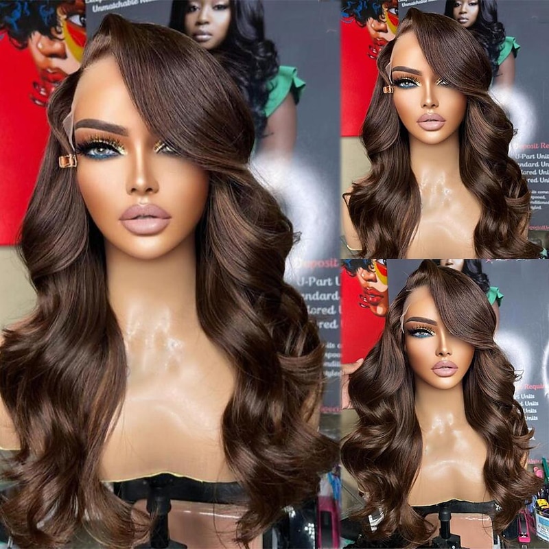 Remy Human Hair 13x4 Lace Front Wig Side Part Brazilian Hair Wavy Brown Wig 130% 150% Density with Baby Hair 100% Virgin Glueless Pre-Plucked For Women Long Human Hair Lace Wig