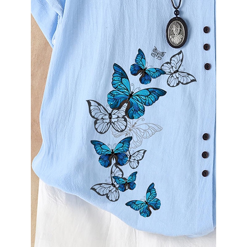 Women's 100% Cotton  Shirt Button Print Daily Linen Like Elegant Short Sleeve Crew Neck White Summer3