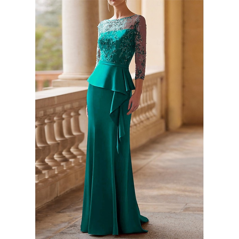Mermaid Mother of the Bride Dress Elegant Vintage Party Illusion Neck Jewel Neck Floor Length Lace Stretch Fabric 3/4 Length Sleeve Half Sleeve with Sash / Ribbon Ruched Beading4