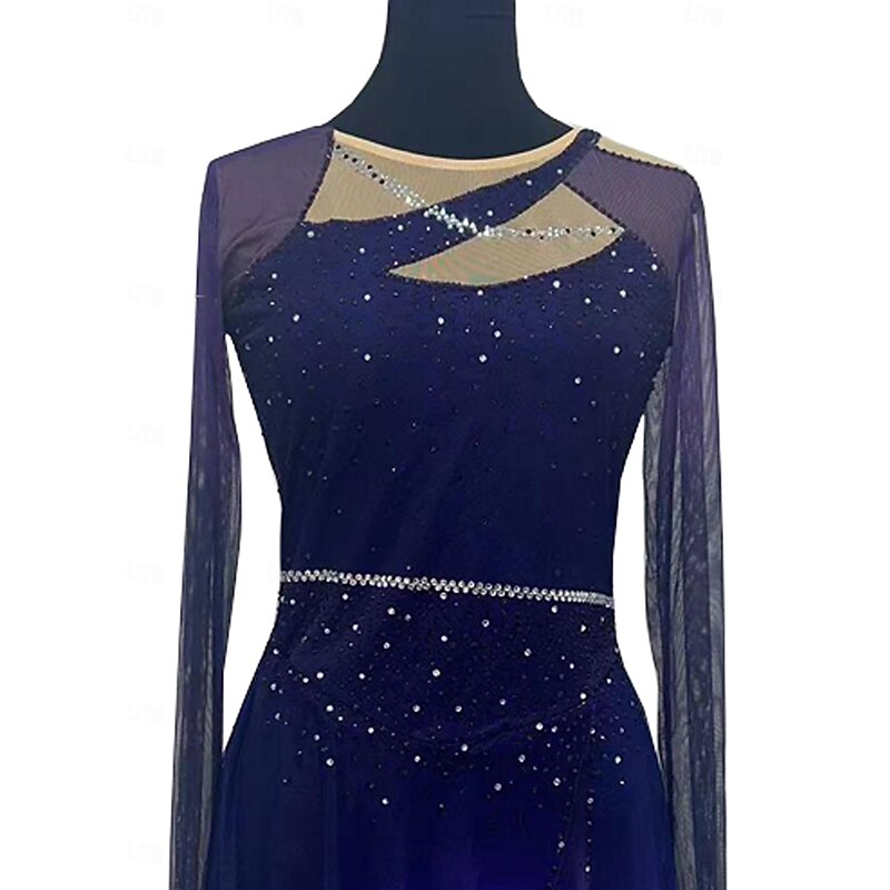 Figure Skating Dress Women's Girls' Ice Skating Skirt Violet Mesh Spandex Lace Micro-elastic Training Skating Wear Crystal / Rhinestone Long Sleeve Ice Skating Figure Skating4