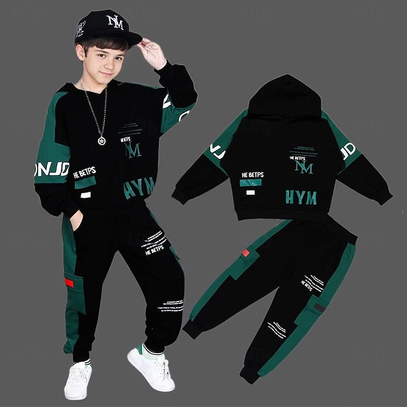 2 Pieces Toddler Boys Hoodie & Sweatpants Set Outfit Letter Long Sleeve Cotton Set Outdoor Fashion Daily Fall Winter 3-7 Years Red Green3