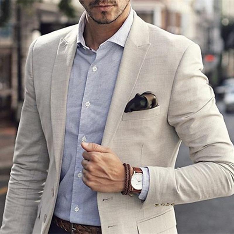 Men's Linen Blazer Sport Coat Notch Collar Fashion Casual Solid Colored Beige Tailored Fit Single Breasted One-button2