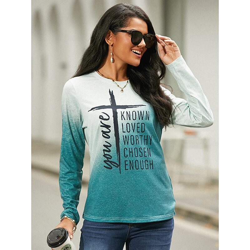 Women's T shirt Crew Neck Long Sleeve Tunic Basic Print Regular Tops Round Neck Daily Weekend Orange Green Gray Spring & Fall Fall & Winter you are KNOWN LOVED WORTHY CHOSEN ENOUGH