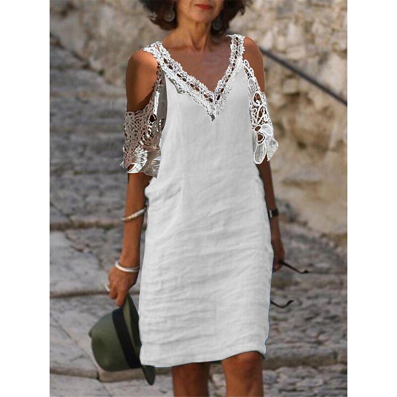Women's White Blue Green Summer Spring Midi Dress Linen-Inspired Dresses White Dress Lace Dress Casual Vacation Daily Loose Fit Plain V Neck