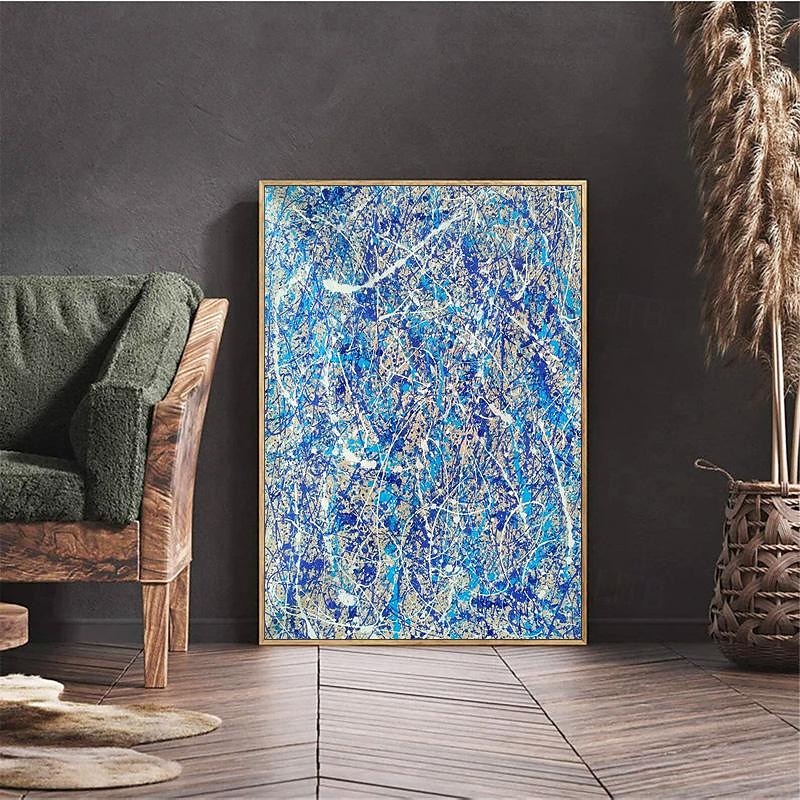 Handpainted Jackson Pollock Abstract Illustration Painting Blue White Lines Canvas Painting For Living Room Wall (No Frame)4