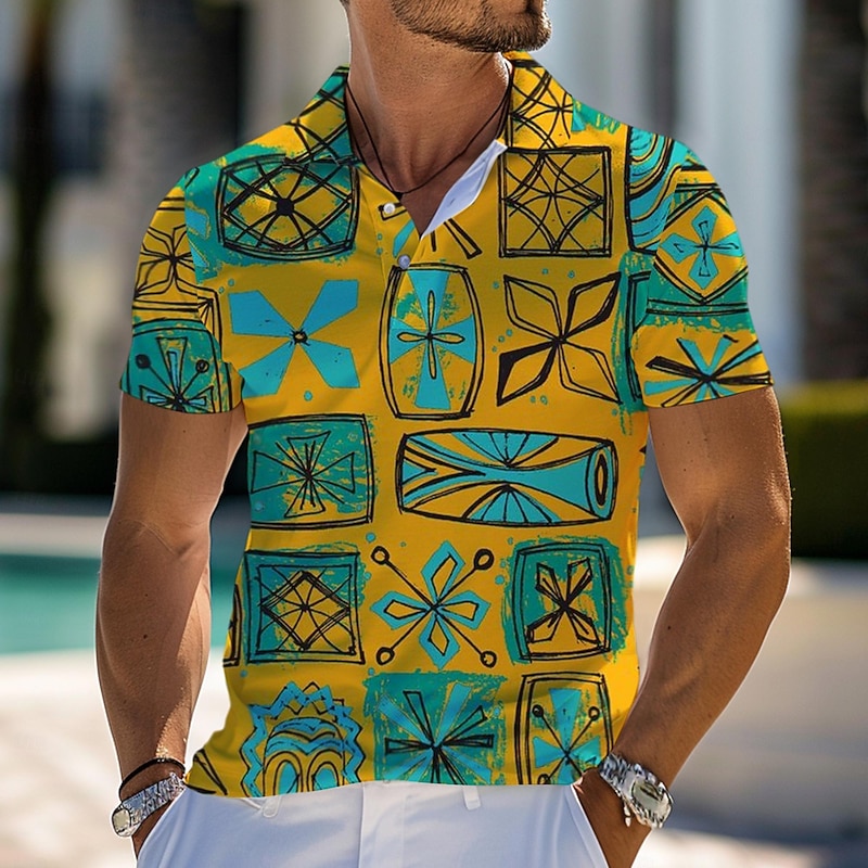 Kentucky Derby Men's Palm Tree Hawaiian Polo Shirts Golf Shirt Short Sleeve Polo Shirts Collared Shirts Beach Wear Vacation Wear Tropical Wear Party Outfits Buttons 3D Print Spring & Summer Yellow 5