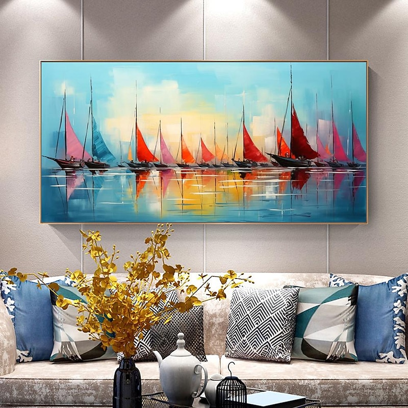 Mintura Handmade Boat Oil Paintings On Canvas Large Wall Art Decoration Modern Abstract Sailboat Landscape Picture For Home Decor Rolled Frameless Unstretched Painting