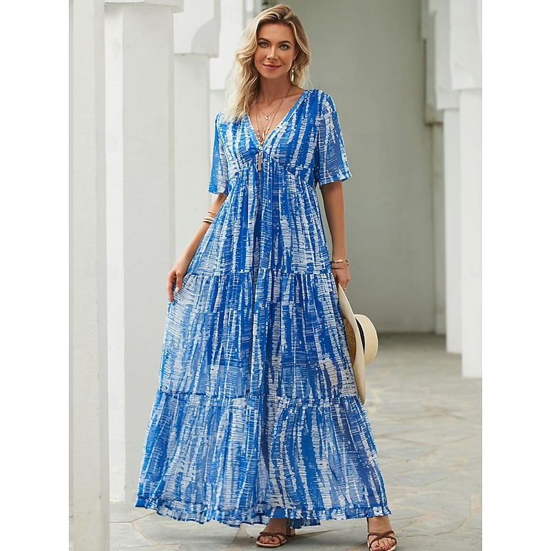 Women's Long Dress Maxi Dress Casual Dress Chiffon Dress Swing Dress Summer Dress Streetwear Maxi Vacation Street Holiday Loose Fit Tie Dye Short Sleeve V Neck Blue Summer3
