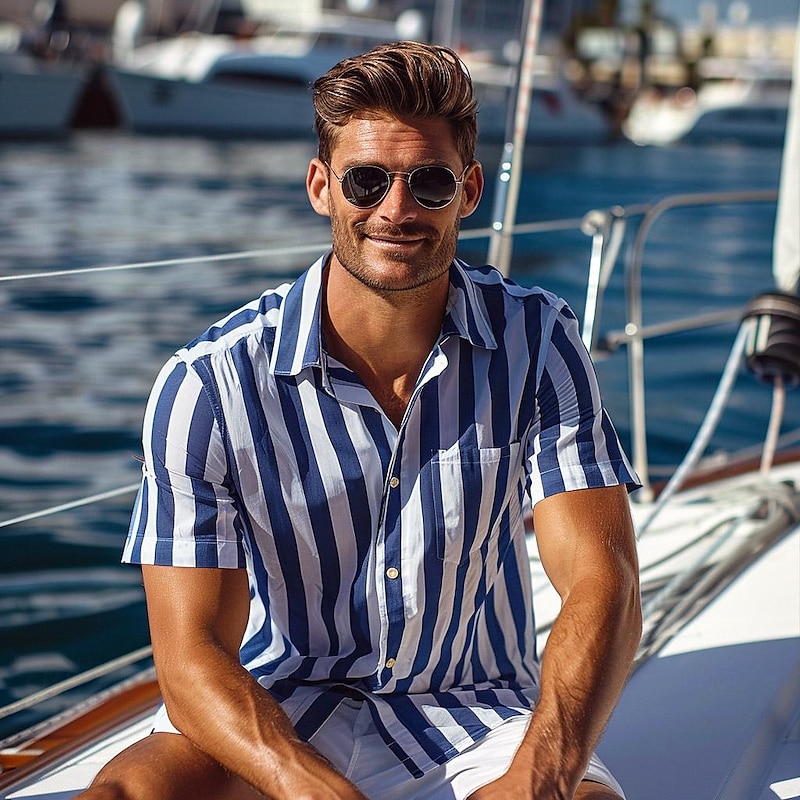 Men's Shirt Summer Shirt Button Up Shirt Casual Shirt Blue Light Blue Short Sleeve Stripes Lapel Daily Wear Vacation Clothing Apparel Fashion Hawaiian Casual Beach
