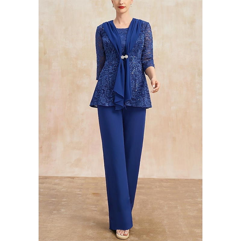 Sheath Pantsuit 3 Piece Mother of the Bride  Elegant Vintage Party Cowl Neck Bateau Neck Jewel Neck Floor Length Chiffon Lace Sleeveless 3/4 Length Sleeve Half Sleeve with3