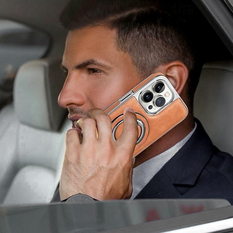 Phone Case For iPhone 16 15 14 Pro Max Plus 13 12 11 Pro Max Back Cover Ring Holder Magnetic Support Wireless Charging Retro Genuine Leather Stainless Steel4
