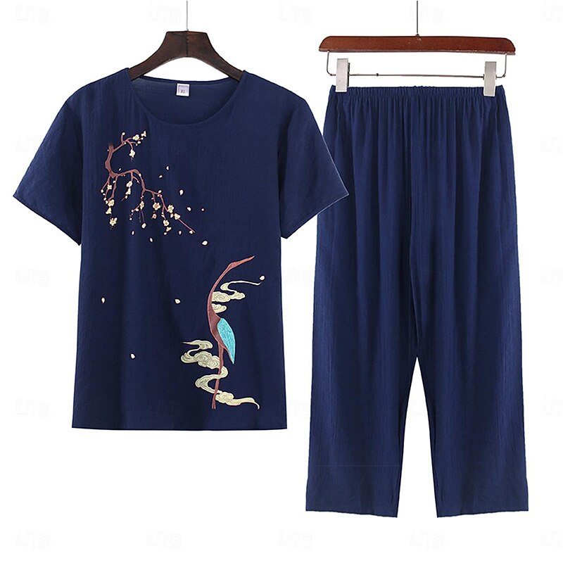 Women's Pajamas Sets Floral Fashion Comfort Home Daily Bed Cotton And Linen Breathable Crew Neck Short Sleeve T shirt Tee Shorts Elastic Waist Summer Spring Home Outfits4