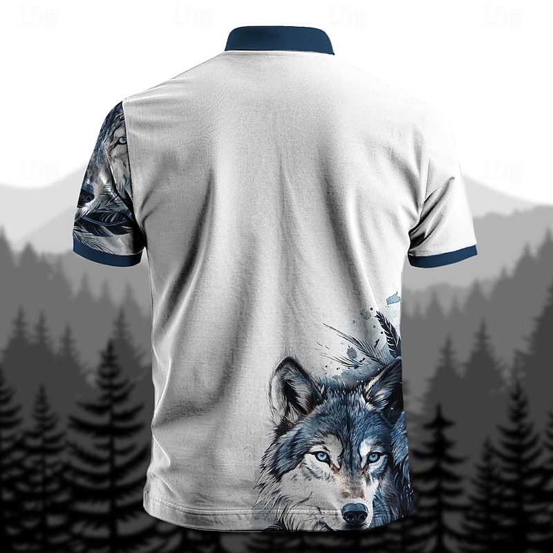 Men's Wolf Zip Polo Shirts Golf Shirt Short Sleeve Polo Shirts Collared Shirts Casual Funny Streetwear Vacation Wear Party Outfits 3D Print Quarter Zip Polo Summer Black Navy Blue Brown3