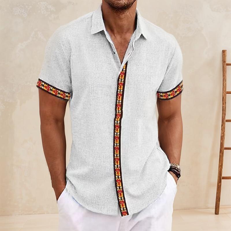 Men's Shirt Linen Shirt Casual Shirt Cotton Shirt Color Block Vacation Street Black White Sky Blue Gray Short Sleeve Turndown Summer Clothing Apparel Button-Down