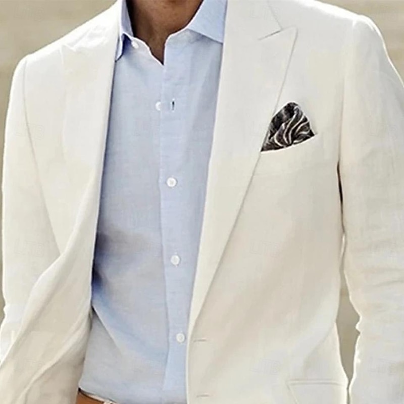 Men's Linen Blazer Sport Coat Closure collar Fashion Casual Solid Colored White Tailored Fit Single Breasted One-button3
