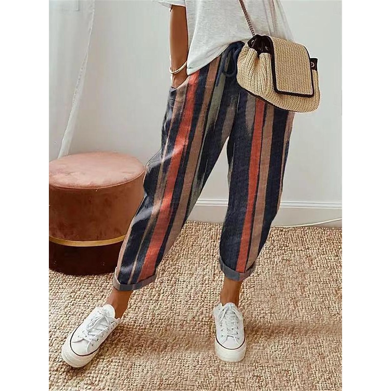 Women's Chinos Pants Trousers Streetwear Casual Long High Waist Floral Stripe Pocket Elastic Drawstring Design High Cut Breathability Soft Micro-elastic Vacation Street Daily Wear White Blue Khaki