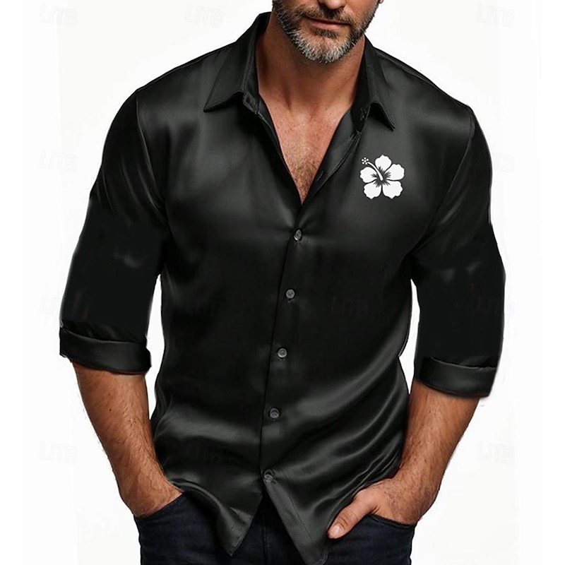 Men's Satin Shirt Dress Shirt Button Up Shirt Vacation Street Violet Black White Apricot Long Sleeve Turndown Fall Spring & Summer Clothing Apparel Button Up4