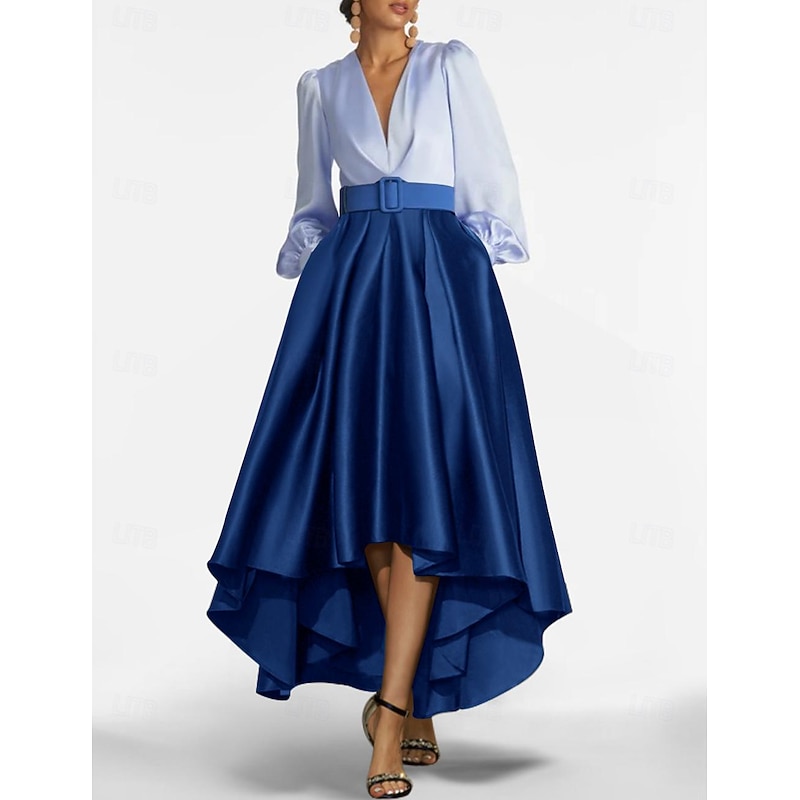 A-Line Evening Gown High Split Dress Formal Wedding Guest Asymmetrical Long Sleeve V Neck Belt / Sash Satin with Pleats Slit