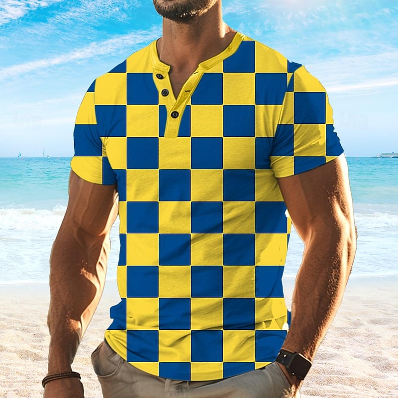 Colorful Holiday X Designer Kris Men's Plaid Printed Henley Shirt Short Sleeve Button-Up T Shirt