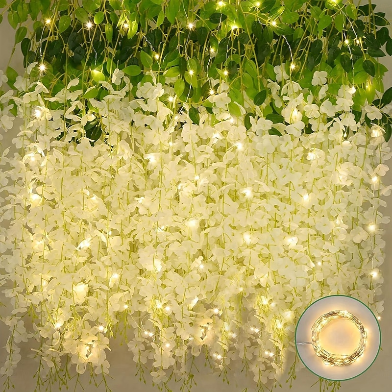 Elegant Wedding Reception Party 12pcs White Wisteria Hanging Flowers withLED Fairy Lights, Artificial Hanging Wisteria Garland for Wedding Party Home Backdrop Wall Decorations