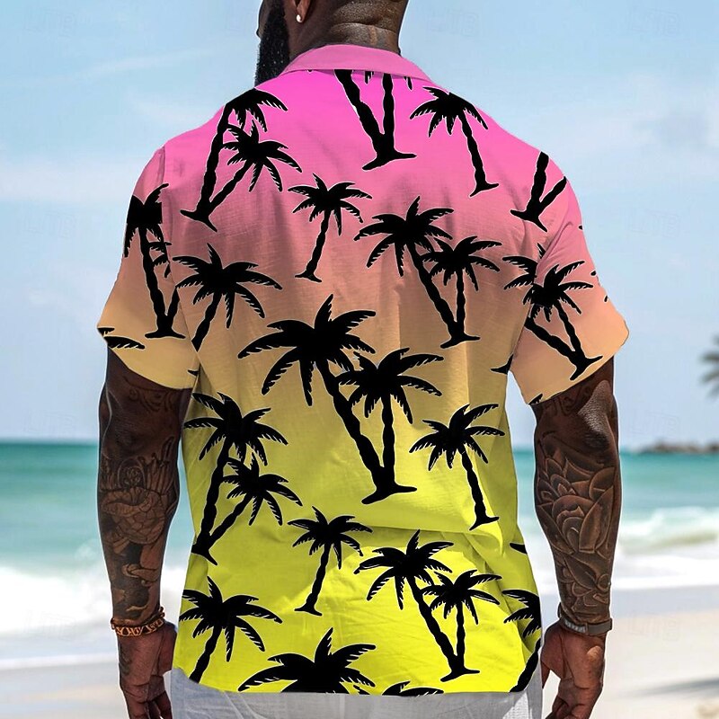 Men's Gradient Coconut Tree Palm Tree Summer Hawaiian Shirt Aloha Shirt Short Sleeves Shirt Turndown Hawaiian Casual Resort Outdoor Vacation Street Purple S M L2