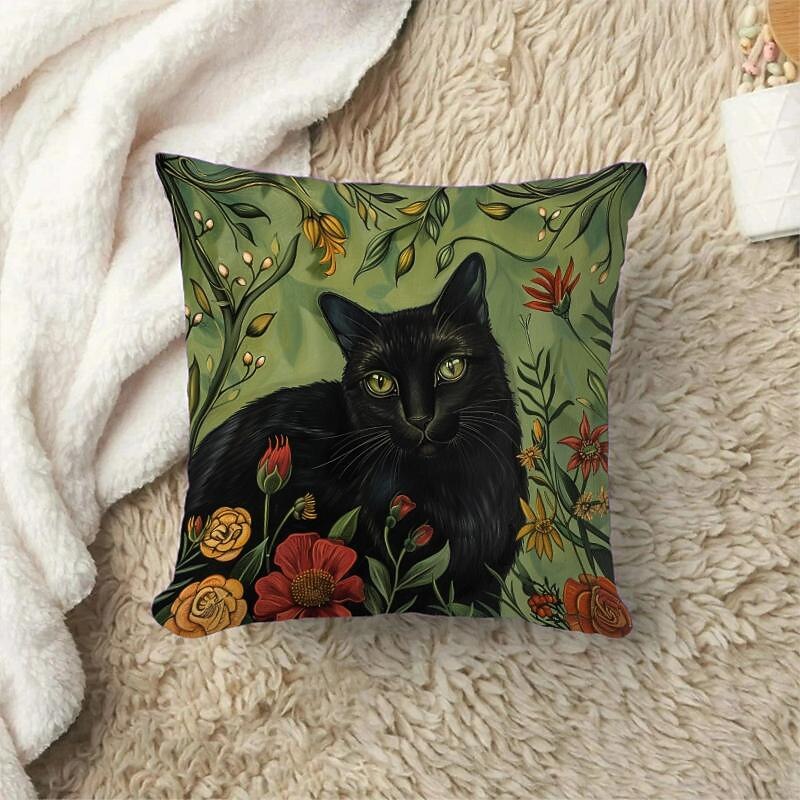 Velvet Couch Throw Pillow Cover 16/18/20 Inch Black Cat Throw Pillowcase