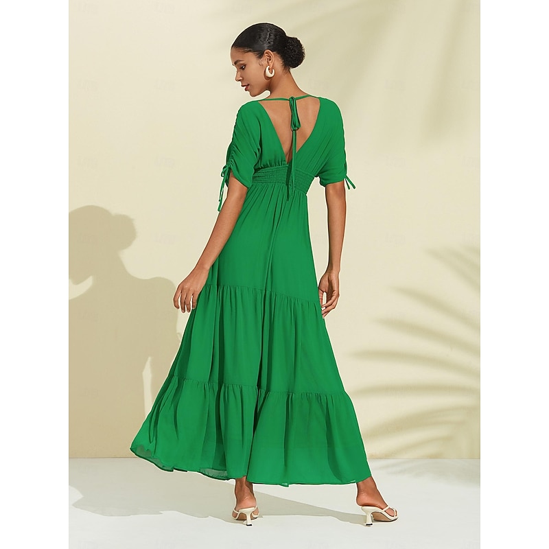 Women's Chiffon Green Halter V Neck Tie Back Smock Maxi Dress2