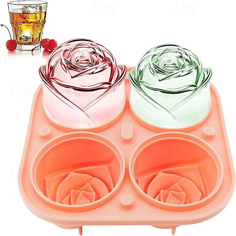 3D Rose Ice Molds 2.5 Inch Large Ice Cube Trays Make 4 Giant Cute Flower Shape Ice Silicone Rubber Fun Big Ice Ball Maker