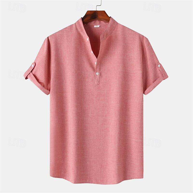 Men's Shirt Linen Shirt Chinese Collar Shirt Mandarin Collar Shirt Casual Shirt Cotton Shirt Plain Vacation Street Black Yellow Light Green Pink Short Sleeve Band Collar Summer Clothing Apparel 11