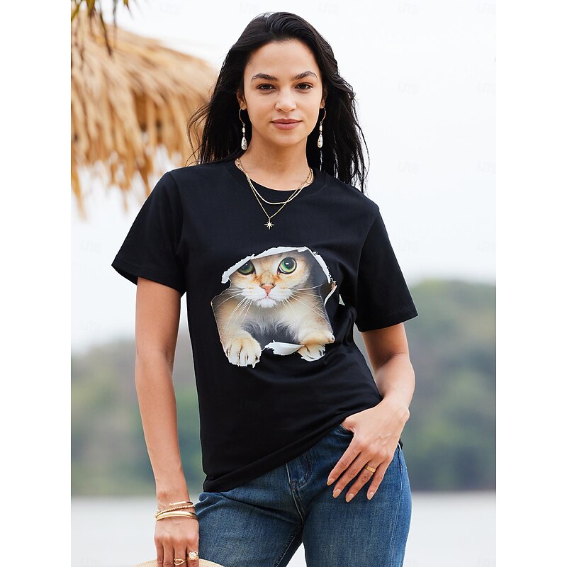 Women's T shirt Tee 100% Cotton Funny Tee Shirt Black White Graphic Cat Print Short Sleeve Casual Daily Basic Round Neck Regular 100% Cotton 3D Cat S3