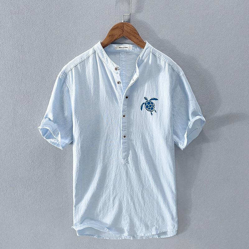 Men's Shirt Linen Shirt Chinese Collar Shirt Mandarin Collar Shirt Casual Shirt Cotton Shirt Turtle Vacation Street Navy Blue Gray Short Sleeve Band Collar Summer Clothing Apparel