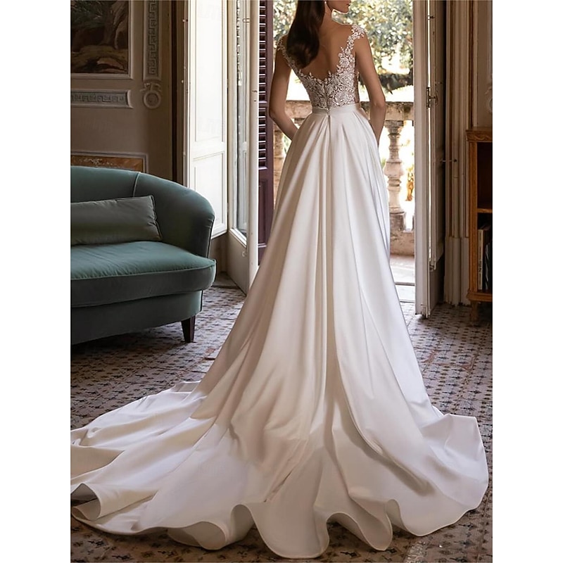 Wedding Dresses Ball Gown Off Shoulder V Neck Sleeveless Chapel Train Satin Bridal Gowns With Pleats Ruched2